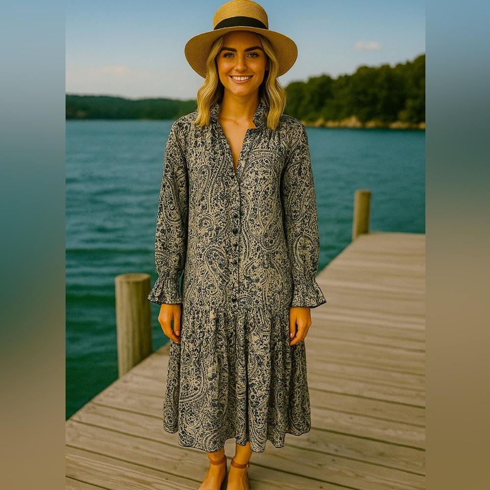 OPT Ruffled Paisley Floral Prairie Midi Dress Medium Women Bohemian Flowy Party